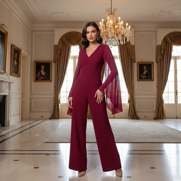 Wdirara Womens XS Wide Leg Jumpsuit Red Wine V-Neck Sheer Sleeve Elegant NWT - Picture 1 of 10